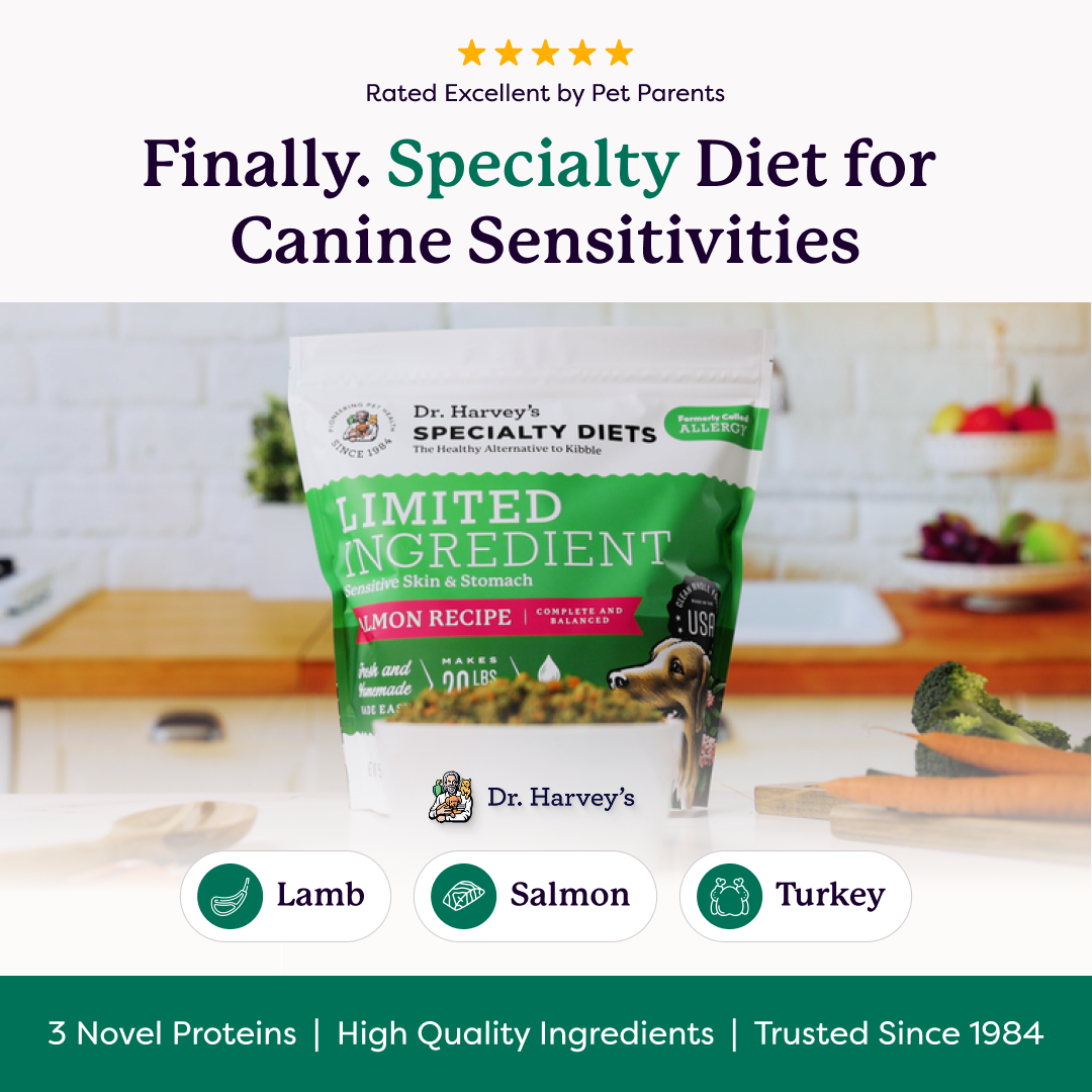 Dr. Harvey's Specialty Diets Limited Ingredient Salmon Recipe dog food bag with lamb, salmon, and turkey protein options.