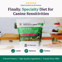 Dr. Harvey's Specialty Diets Limited Ingredient Salmon Recipe dog food bag with lamb, salmon, and turkey protein options.