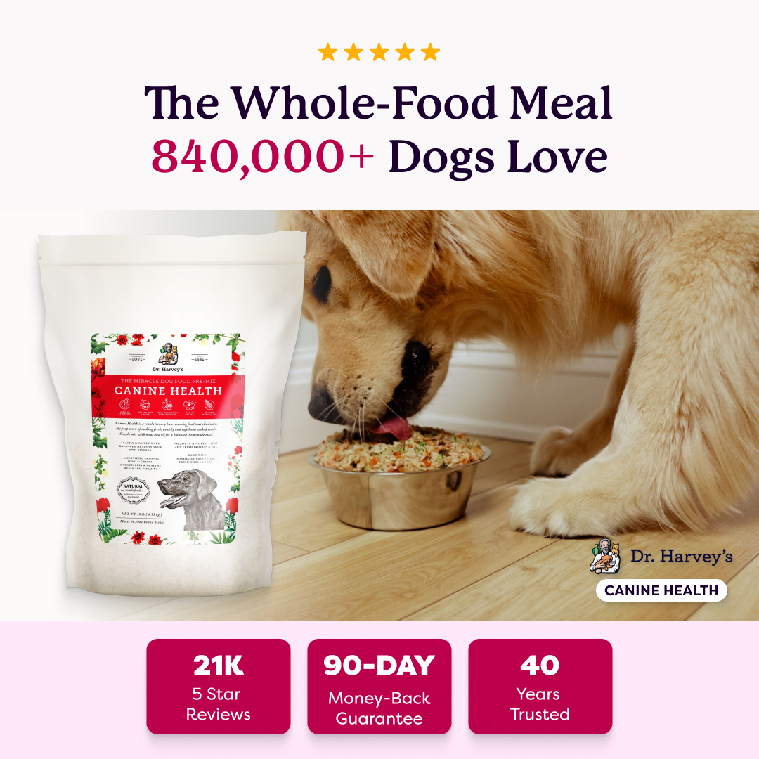 Dr. Harvey's Canine Health dog food pre-mix bag beside a golden retriever eating from a bowl, with 5-star and trust badges