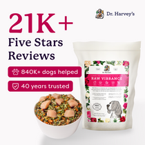 Dr. Harvey's Raw Vibrance grain-free dog food bag with 21K+ five-star reviews, 840K+ dogs helped, 40 years trusted.
