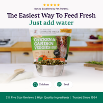 Dr. Harvey's Complete Meals Chicken & Garden Veggies freeze-dried dog food bag with a bowl of rehydrated food on a kitchen counter.