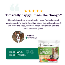 Five-star customer review for Dr. Harvey's Beef & Garden Veggies dog food with Boston Terrier photo and product bag.