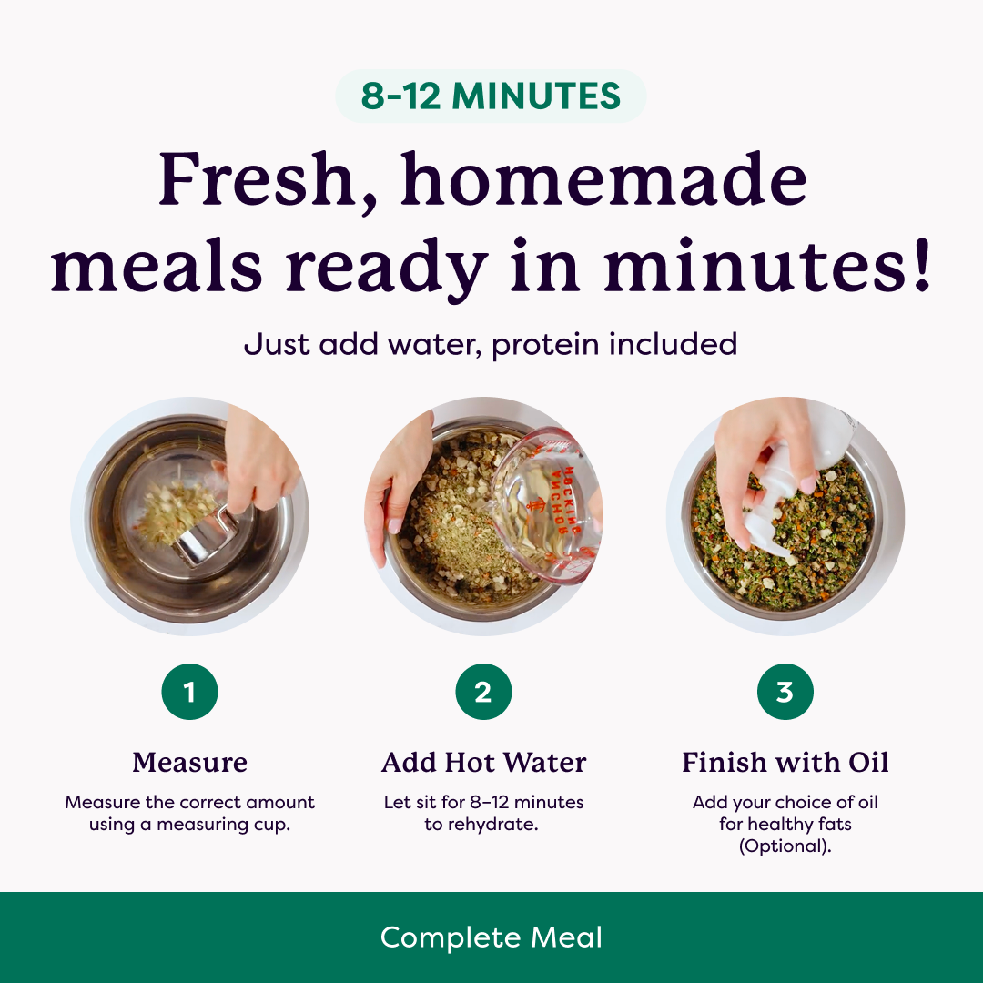 Three-step infographic: measure dry food, add hot water, finish with oil — complete meal ready in 8–12 minutes