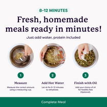 Three-step infographic: measure dry food, add hot water, finish with oil — complete meal ready in 8–12 minutes