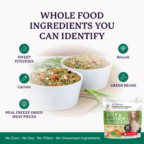 Dr. Harvey's Beef & Garden Veggies dog food bag beside two bowls showing whole-food ingredients: sweet potatoes, carrots, broccoli, green beans, freeze-dried meat.