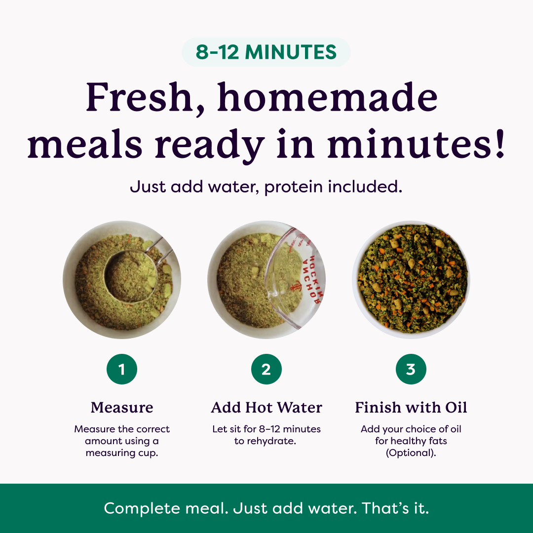 3-step infographic: measure dry meal mix, add hot water, finish with oil — ready in 8–12 minutes