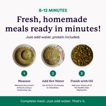 3-step infographic: measure dry meal mix, add hot water, finish with oil — ready in 8–12 minutes