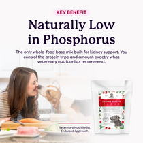 Dr. Harvey's Canine Health dog food pre-mix bag beside a woman kissing her dog, with text "Naturally Low in Phosphorus