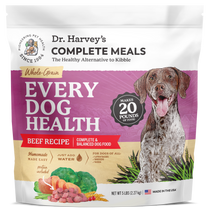 Dr. Harvey's Every Dog Health Beef Recipe whole-grain dog food, 5 lb bag, with a German Shorthaired Pointer illustration.