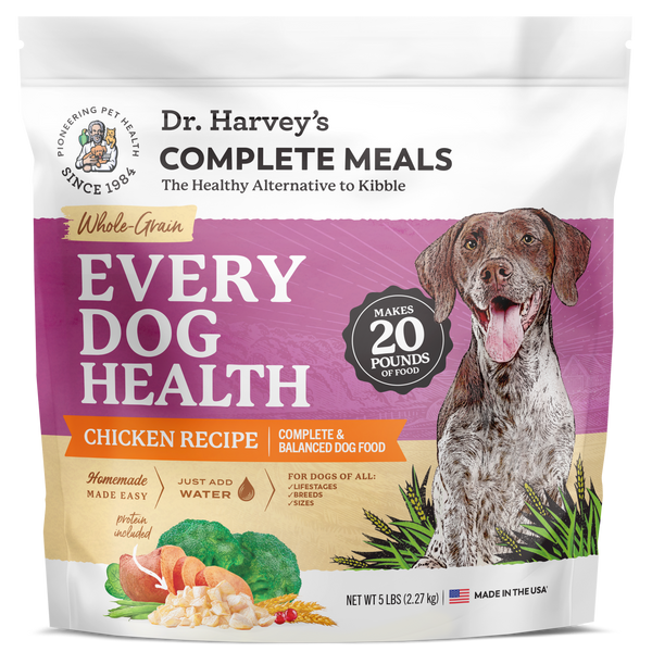 Dr. Harvey's Every Dog Health Whole-Grain Chicken Recipe complete dog food, 5 lb bag with a German Shorthaired Pointer