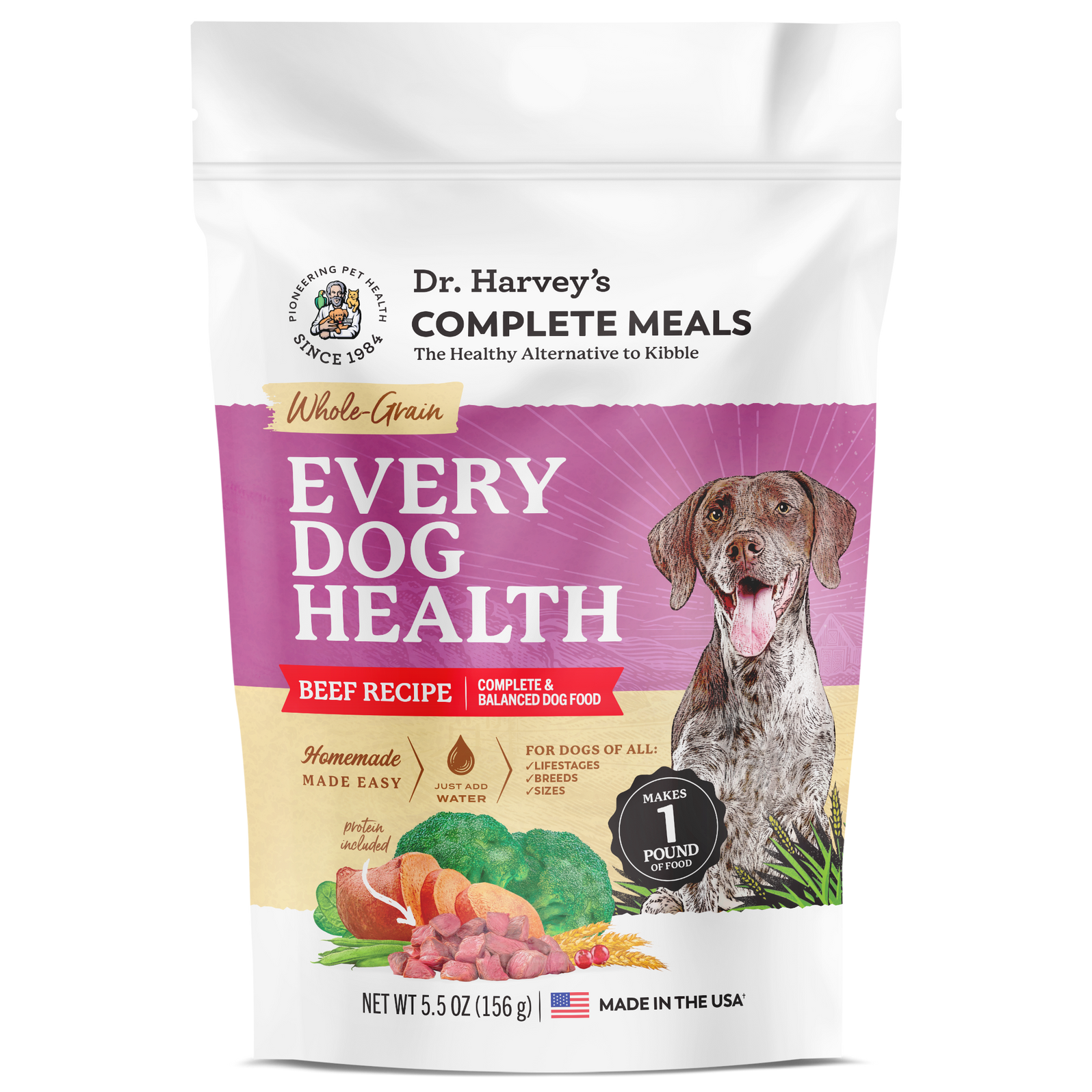 Dr. Harvey's Every Dog Health Beef Recipe whole-grain dog food bag, 5.5 oz, with a pointer dog illustration.