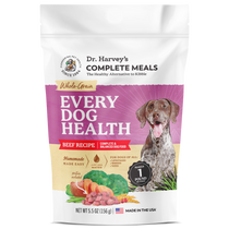 Dr. Harvey's Every Dog Health Beef Recipe whole-grain dog food bag, 5.5 oz, with a pointer dog illustration.