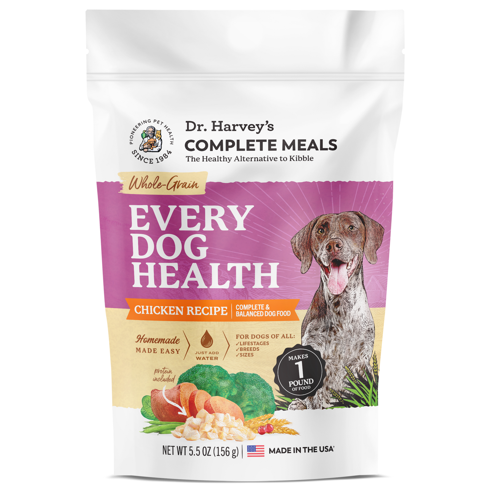 Dr. Harvey's Complete Meals Every Dog Health Chicken Recipe dog food bag with a brown spotted dog