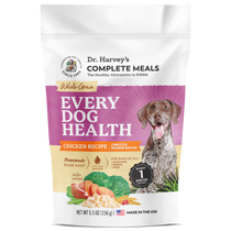 Dr. Harvey's Complete Meals Every Dog Health Chicken Recipe dog food bag with a brown spotted dog