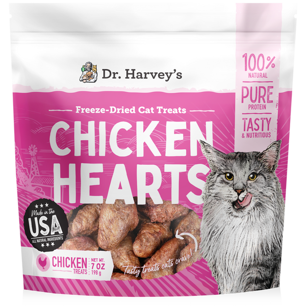 Dr. Harvey's Freeze-Dried Chicken Hearts Cat Treats, 7oz pink bag with a fluffy cat licking its lips.