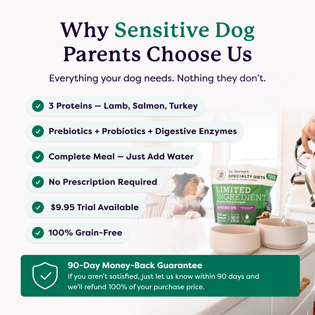 Dr. Harvey's Limited Ingredient Lamb Recipe dog food bag with benefits list and 90-day money-back guarantee