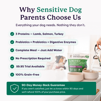 Dr. Harvey's Limited Ingredient Lamb Recipe dog food bag with benefits list and 90-day money-back guarantee