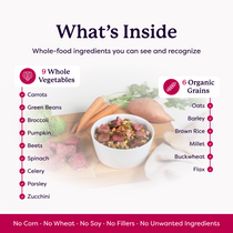 Infographic listing 9 whole vegetables and 6 organic grains in dog food, with no corn, wheat, soy, or fillers