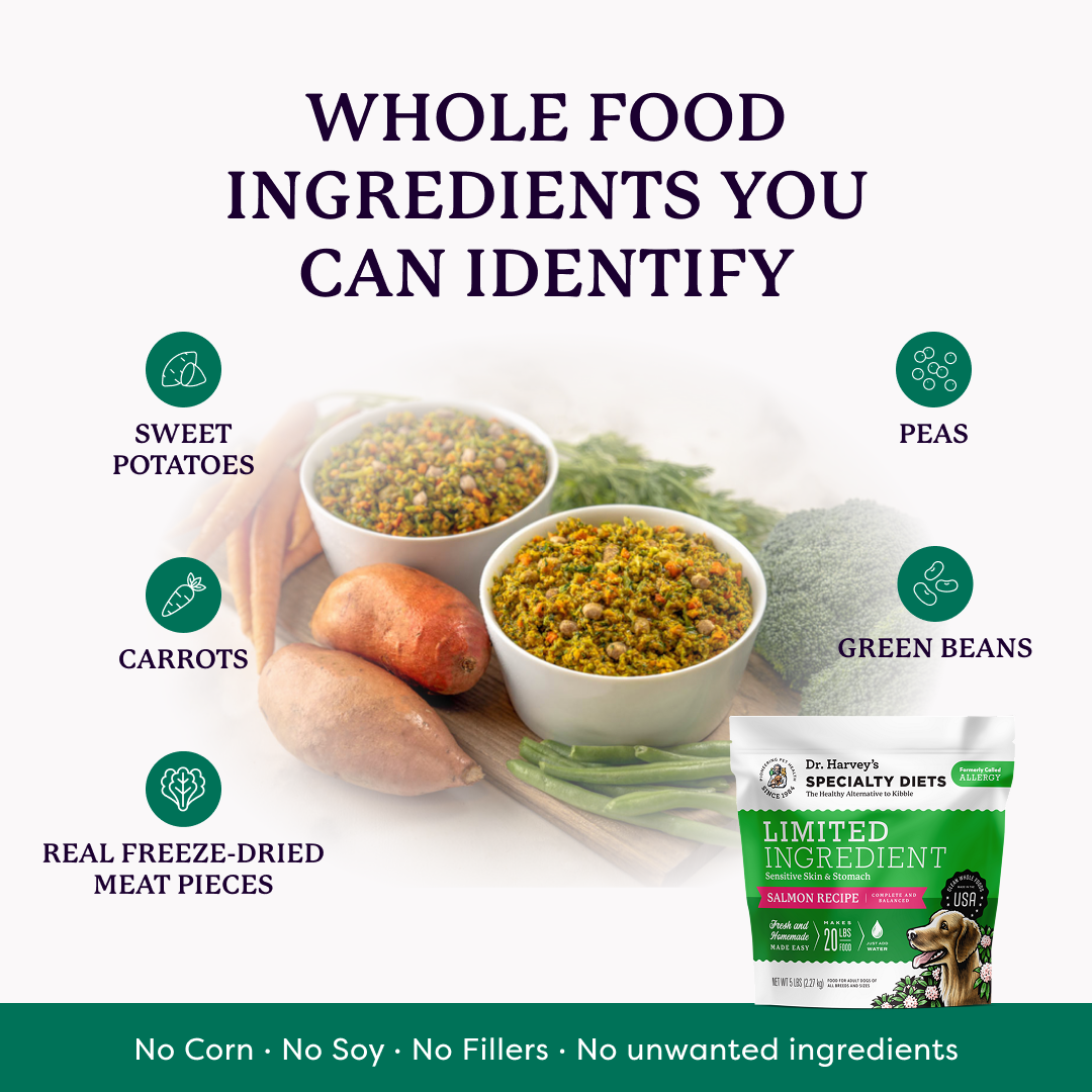 Dr. Harvey's Limited Ingredient Salmon Recipe dog food with whole food ingredients: sweet potatoes, carrots, peas, green beans, freeze-dried meat.