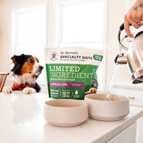 Dr. Harvey's Limited Ingredient Lamb Recipe dog food bag on counter with water being poured into bowl, curious tricolor dog watching