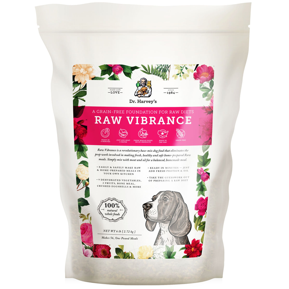 Dr. Harvey's Raw Vibrance grain-free dog food base-mix, 6 lb bag with floral design and illustrated dog portrait