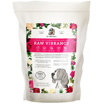 Dr. Harvey's Raw Vibrance grain-free dog food base-mix, 6 lb bag with floral design and illustrated dog portrait