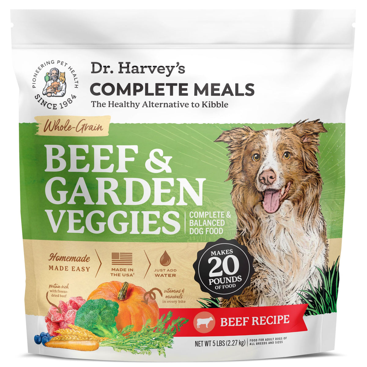 Dr. Harvey's Complete Meals Beef & Garden Veggies whole-grain dog food, 5 lb bag with Border Collie illustration