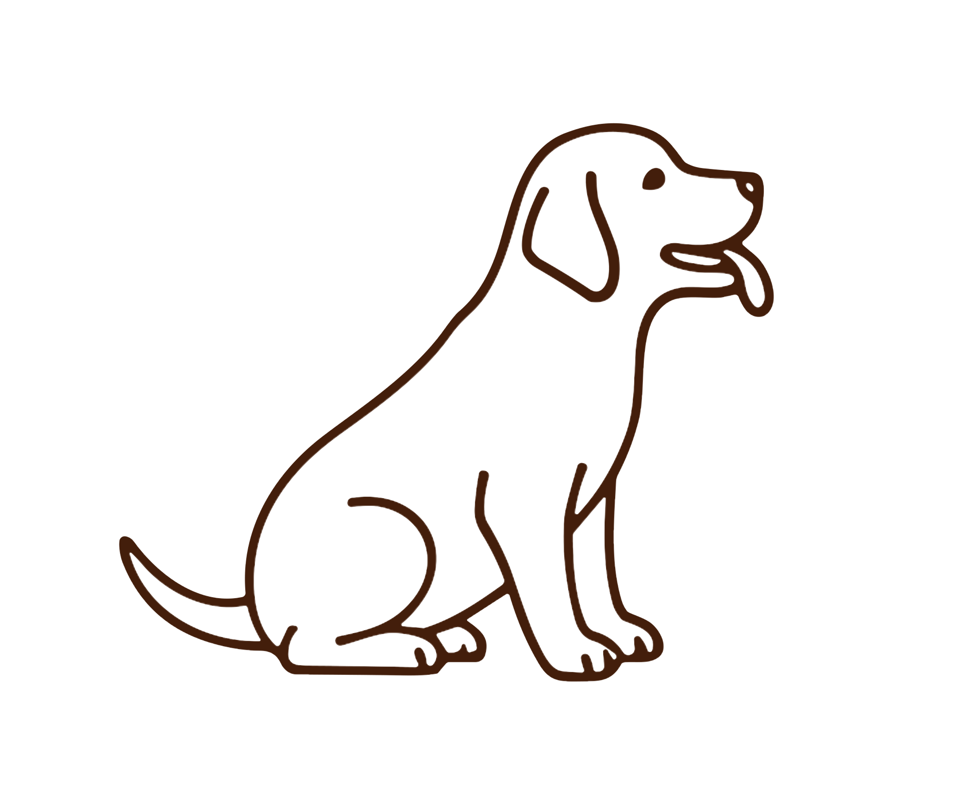 Simple line drawing of a sitting Labrador puppy with tongue out, in dark brown outline on white background