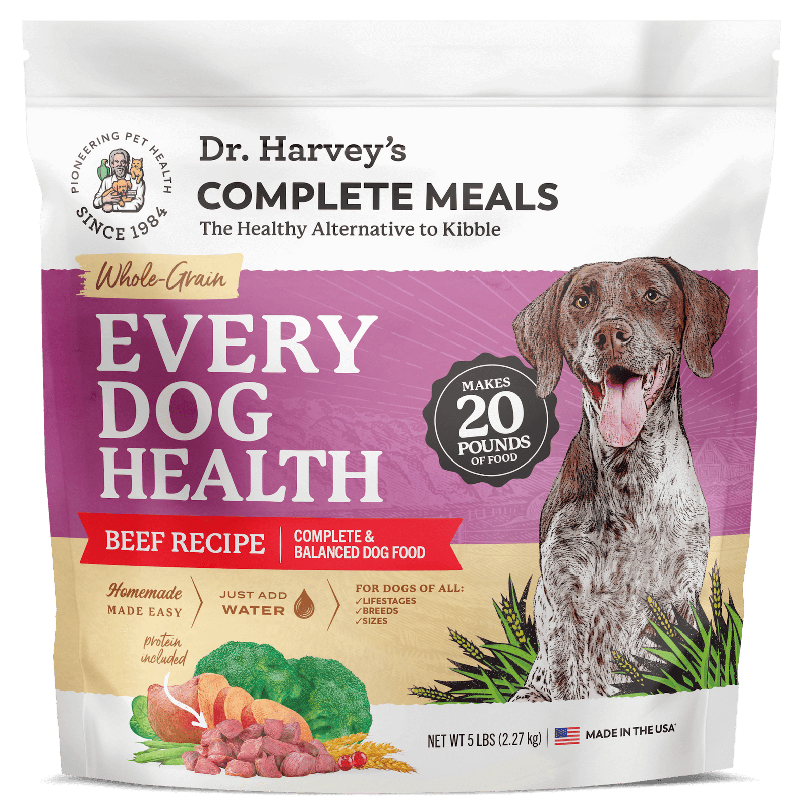 Dr. Harvey's Complete Meals Every Dog Health Beef Recipe 5 lb bag with a German Shorthaired Pointer illustration