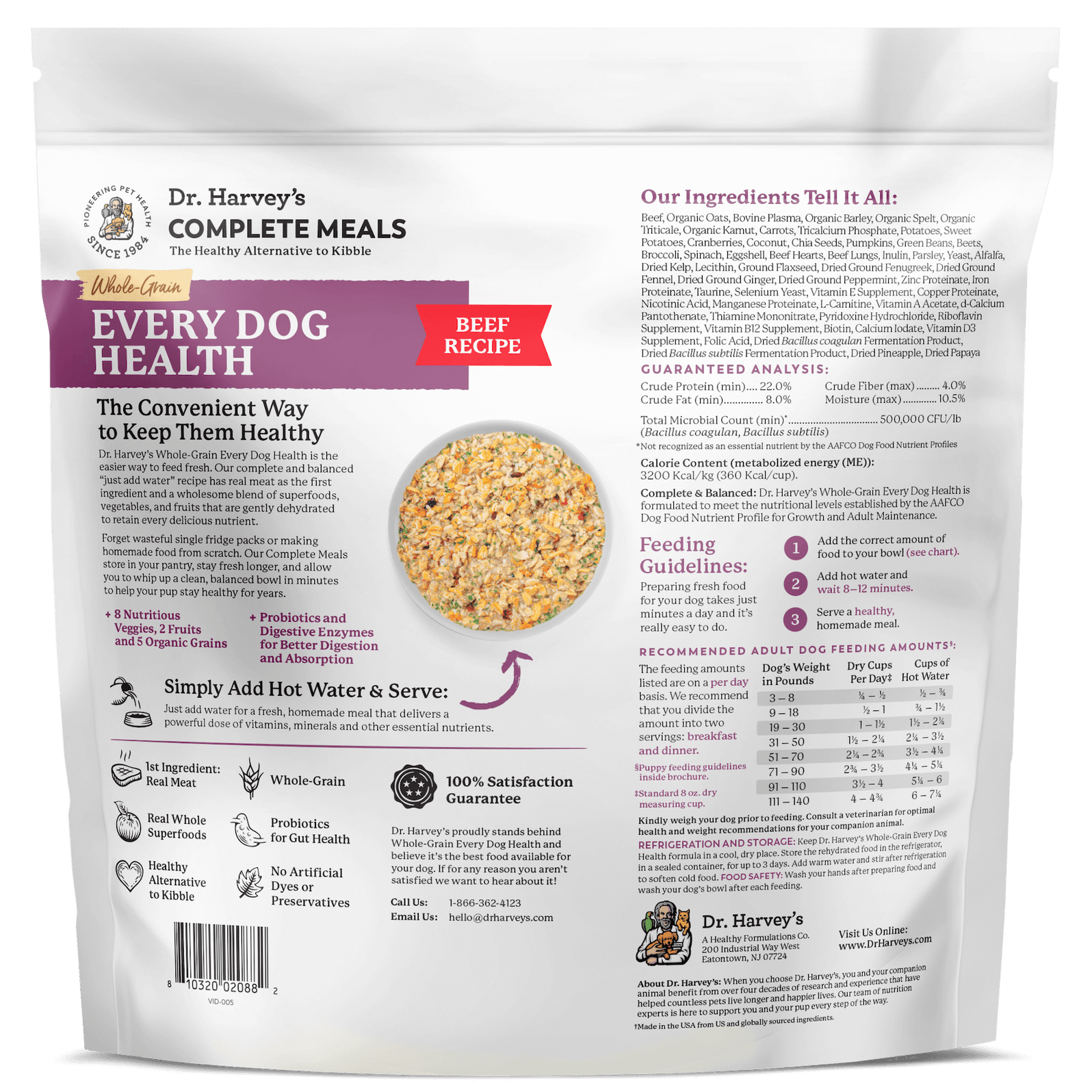 Dr. Harvey's Complete Meals Whole-Grain Every Dog Health Beef Recipe dry dog food bag, back panel