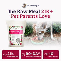 Dr. Harvey's Raw Vibrance dog food bag beside a dog eating from a bowl, with 21K reviews, 90-day guarantee badge.
