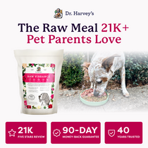 Dr. Harvey's Raw Vibrance grain-free dog food bag beside a dog eating from a bowl, with 21K reviews badge.