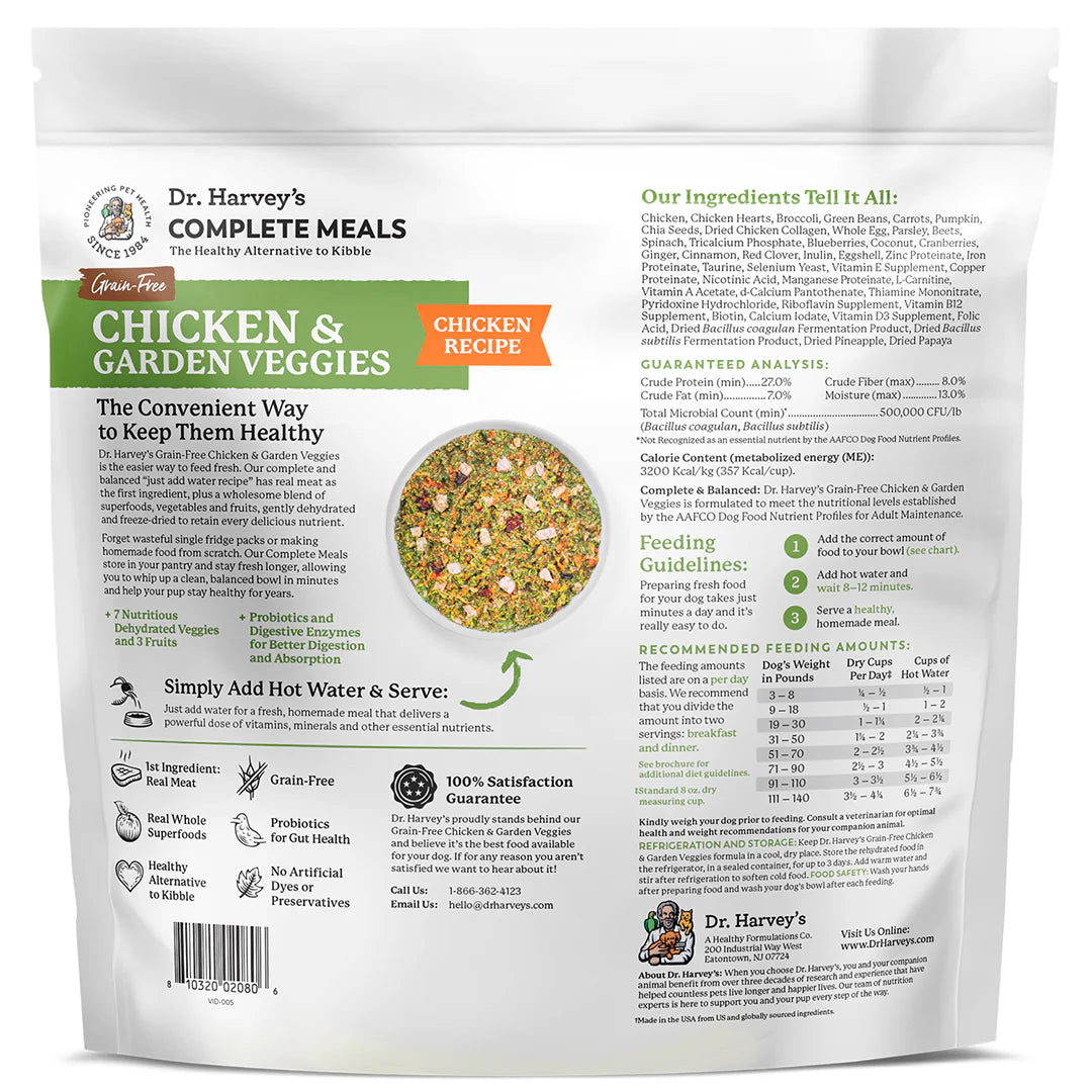 Dr. Harvey's Grain-Free Chicken & Garden Veggies Complete Meals dog food bag back panel with ingredients and feeding guide