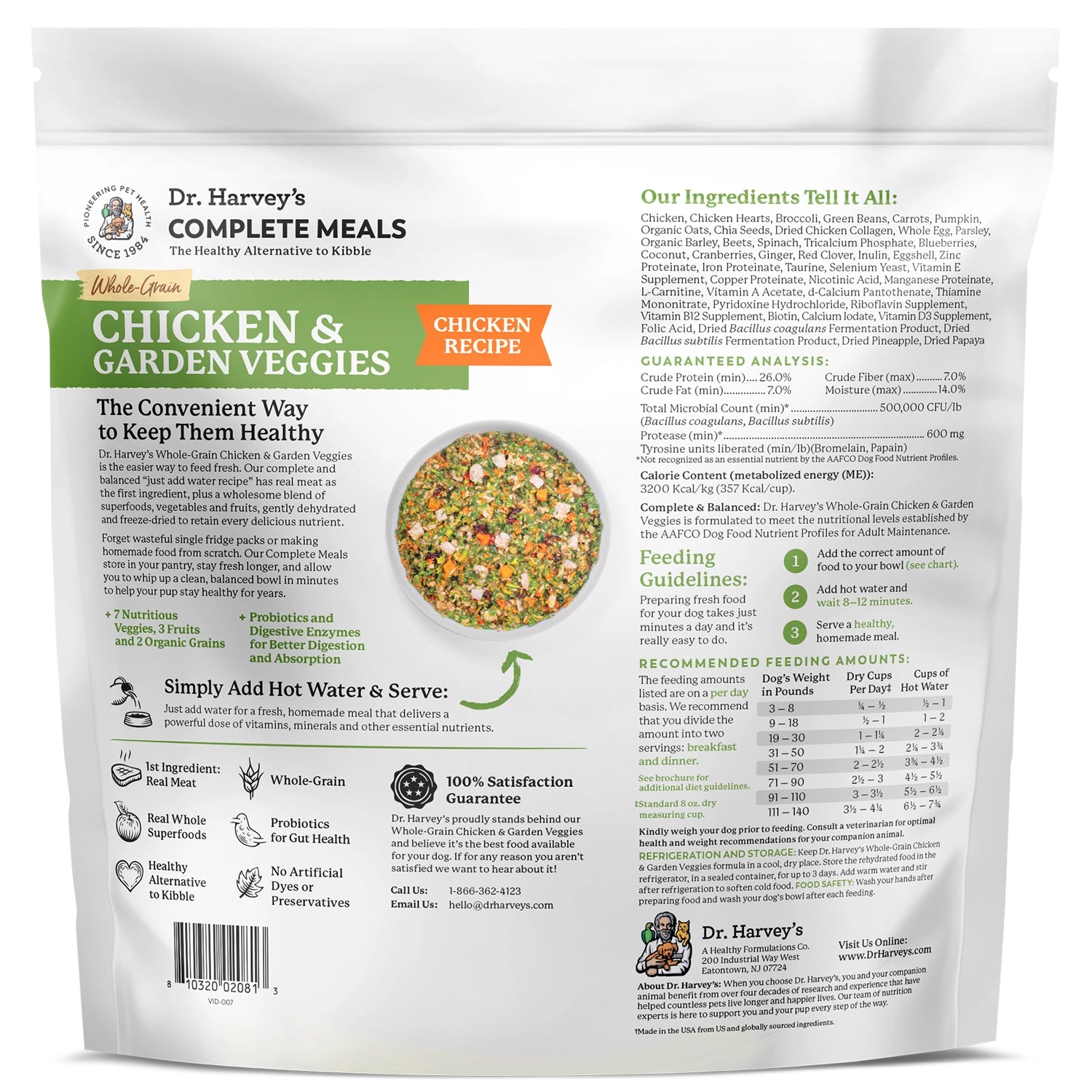 Dr. Harvey's Grain-Free Chicken & Garden Veggies Complete Meals dog food bag back panel with ingredients and feeding guide