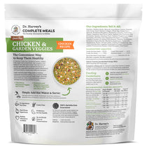 Dr. Harvey's Grain-Free Chicken & Garden Veggies Complete Meals dog food bag back panel with ingredients and feeding guide