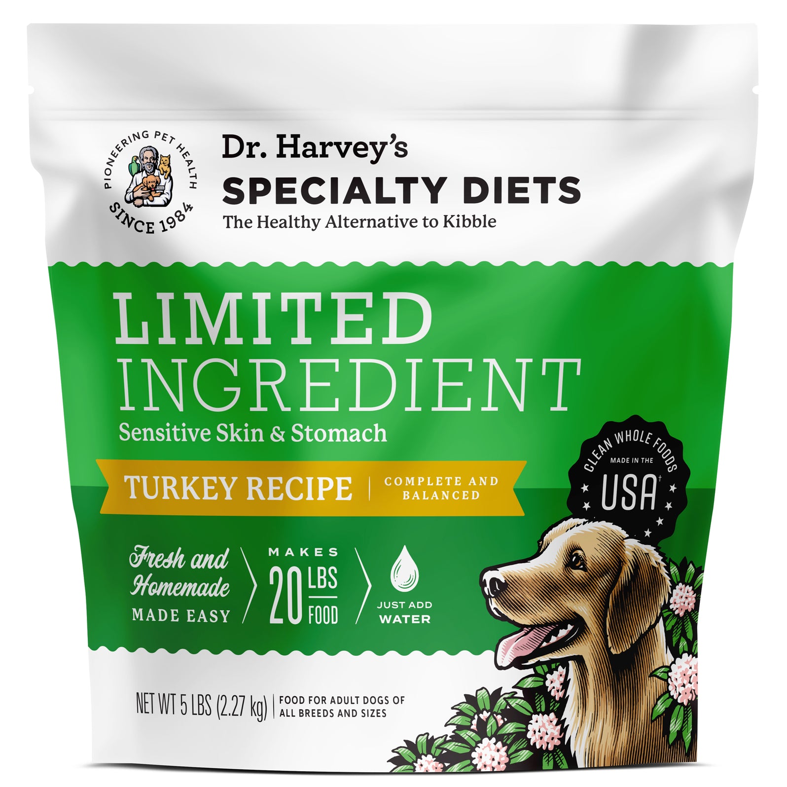 Dr. Harvey's Specialty Diets Limited Ingredient Turkey Recipe dog food bag, 5 lbs, for sensitive skin & stomach