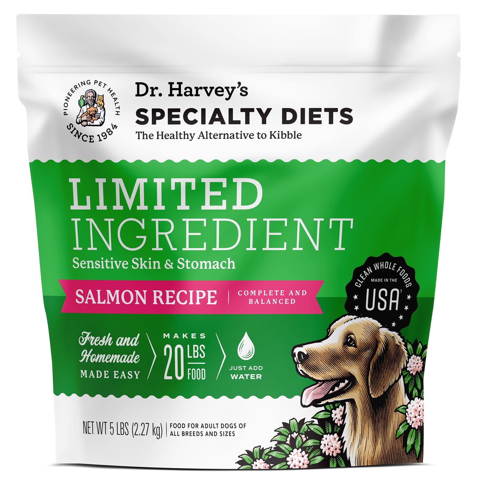 Dr. Harvey's Specialty Diets Limited Ingredient Salmon Recipe dog food bag, 5 lbs, with golden retriever illustration