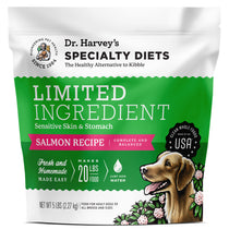 Dr. Harvey's Specialty Diets Limited Ingredient Salmon Recipe dog food bag, 5 lbs, with golden retriever illustration