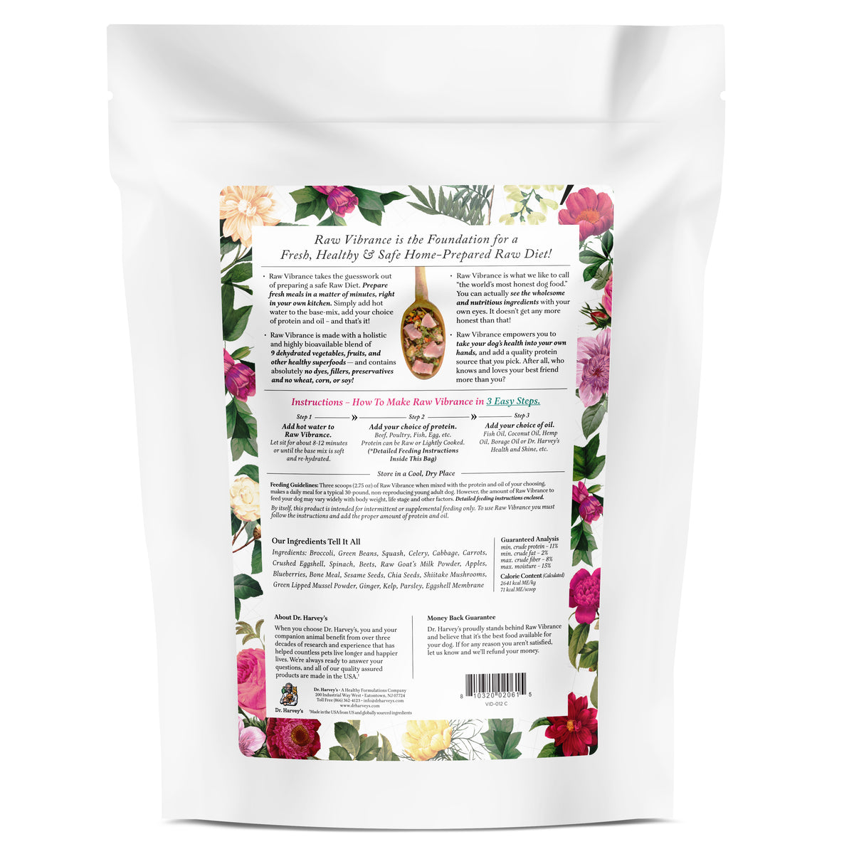 Dr. Harvey's Raw Vibrance dog food base mix back packaging with floral design, ingredients, and feeding instructions