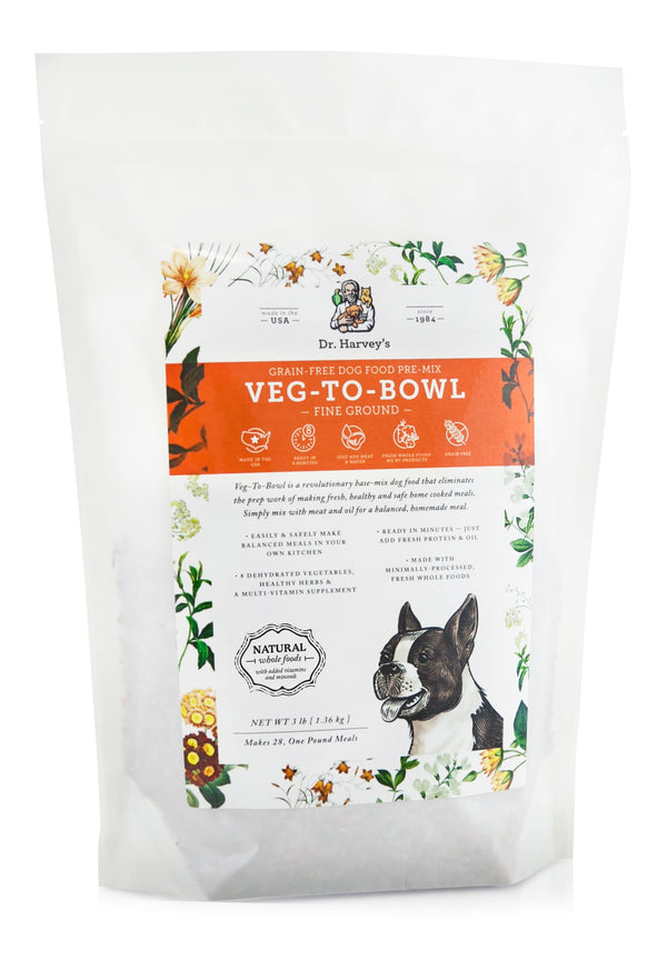 Dr. Harvey's Veg-To-Bowl Fine Ground grain-free dog food pre-mix, 3 lb bag with Boston Terrier illustration