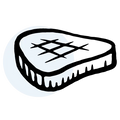 Bold cartoon-style illustration of a grilled steak with crosshatch marks on a light blue circle background