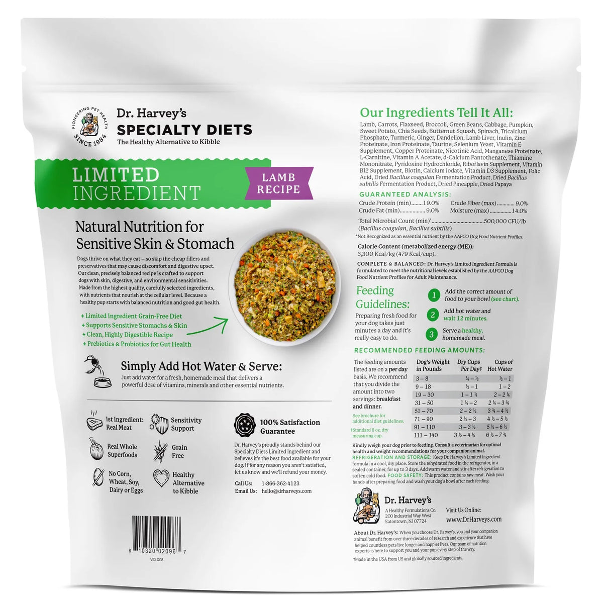 Dr. Harvey's Specialty Diets Limited Ingredient Lamb Recipe dry dog food back packaging with ingredients and feeding guidelines