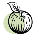 Hand-drawn illustration of a green apple with a leaf and stem