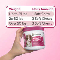 Dr. Harvey's Kidney Health soft chews for dogs dosage chart: 1–3 chews daily based on weight, with product jar held by hand.