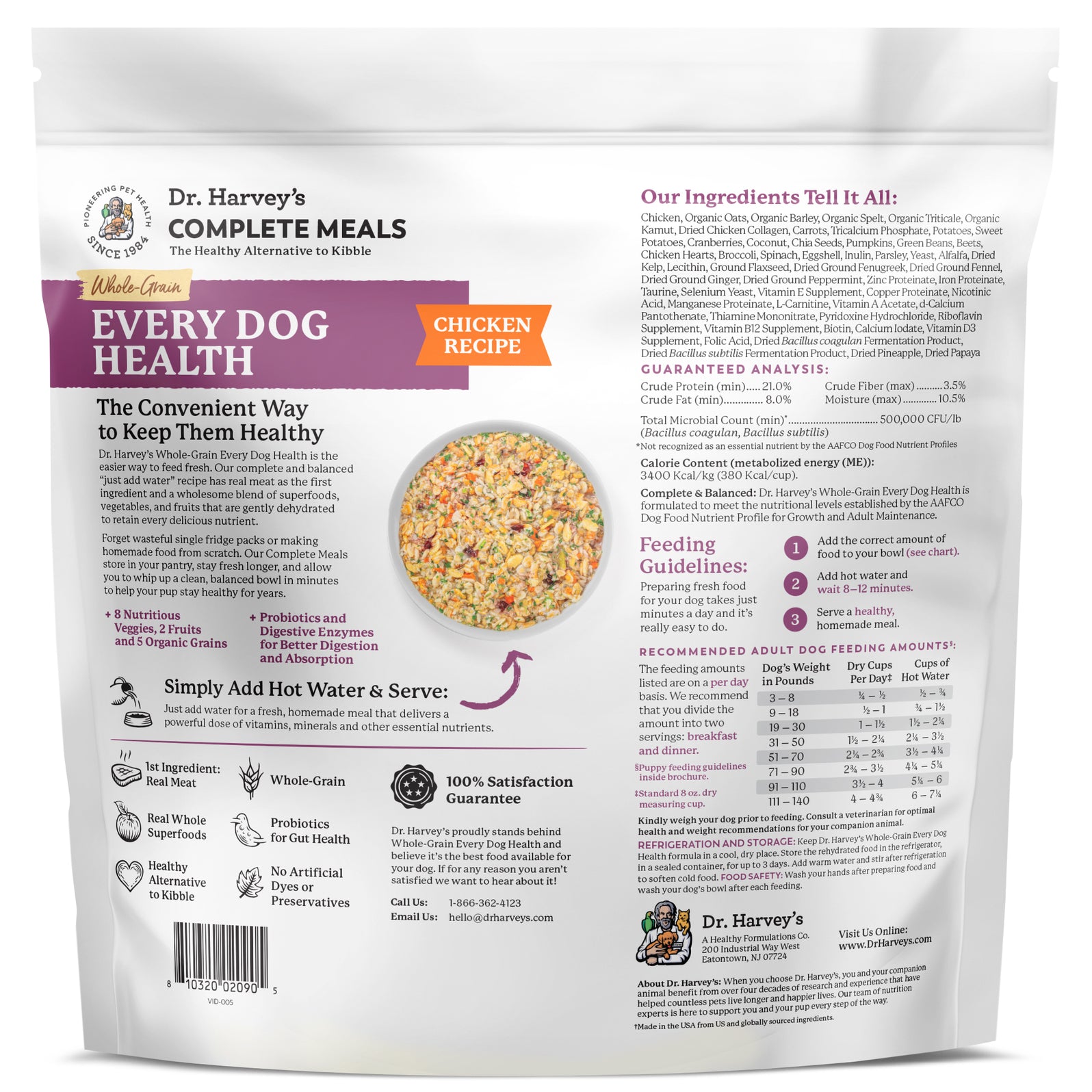 Dr. Harvey's Complete Meals Whole-Grain Every Dog Health Chicken Recipe dry dog food package, back label view.