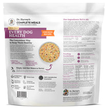 Dr. Harvey's Complete Meals Whole-Grain Every Dog Health Chicken Recipe dry dog food package, back label view.