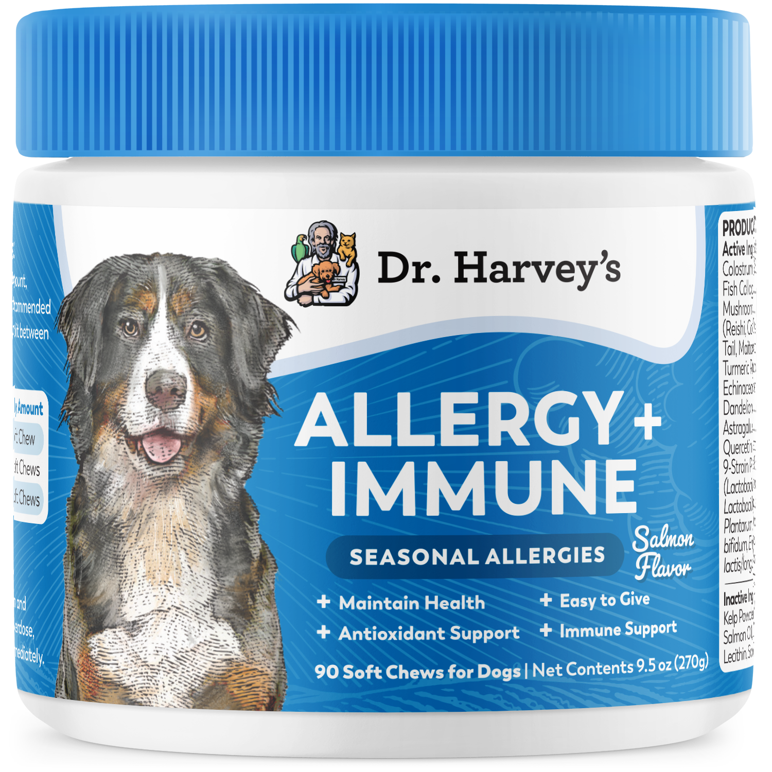 Dr. Harvey's Allergy + Immune Salmon Flavor soft chews for dogs, 90-count, 9.5oz jar with Bernese Mountain Dog illustration