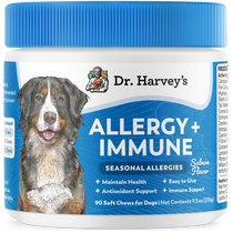 Dr. Harvey's Allergy + Immune Salmon Flavor soft chews for dogs, 90-count, 9.5oz jar with Bernese Mountain Dog illustration