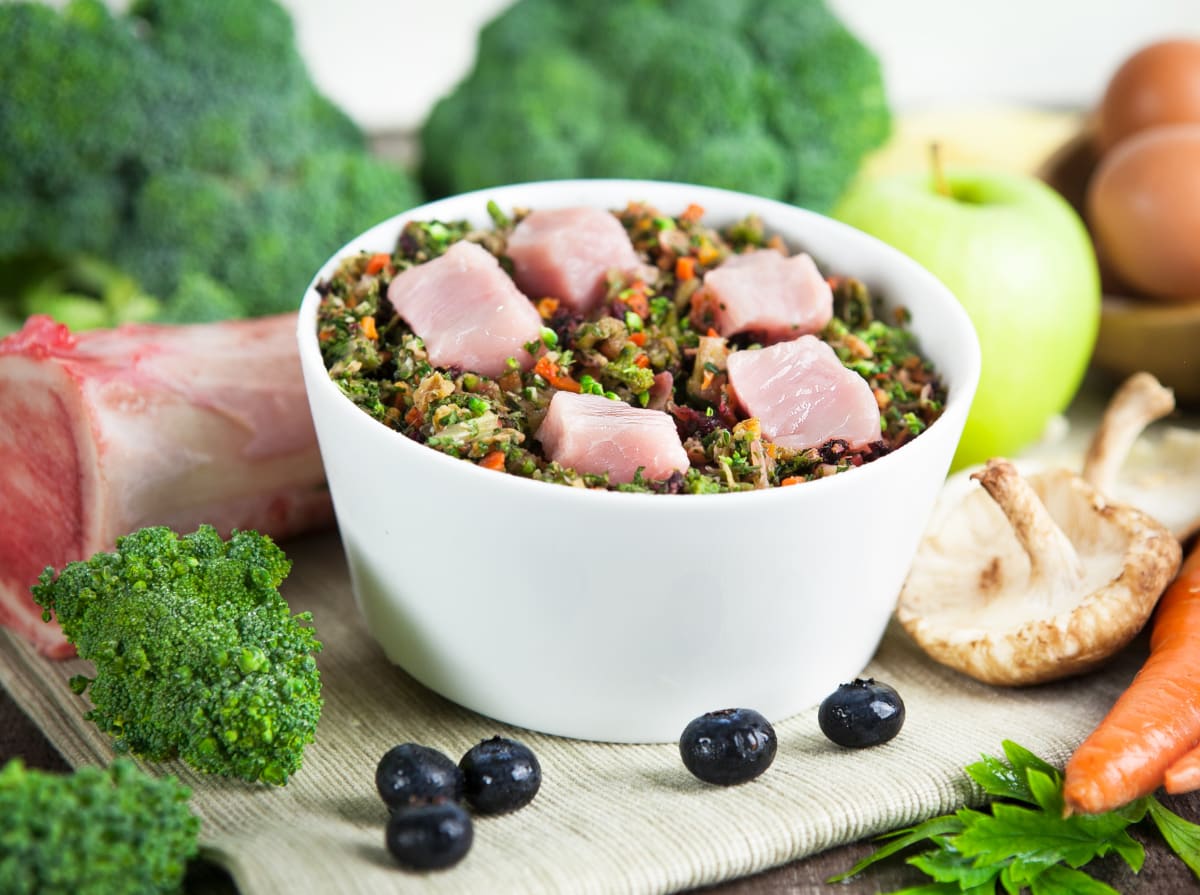 White bowl of raw dog food with meat chunks and vegetables, surrounded by fresh broccoli, mushrooms, carrots, apple, and blueberries