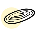 Black and white illustrated spiral galaxy with a pale yellow circular glow behind it